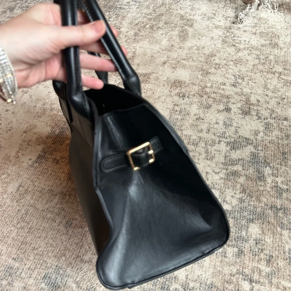 Black Structured Top Handle Tote Bag Crossbody Minimal Quiet‎ Luxury Style EUC